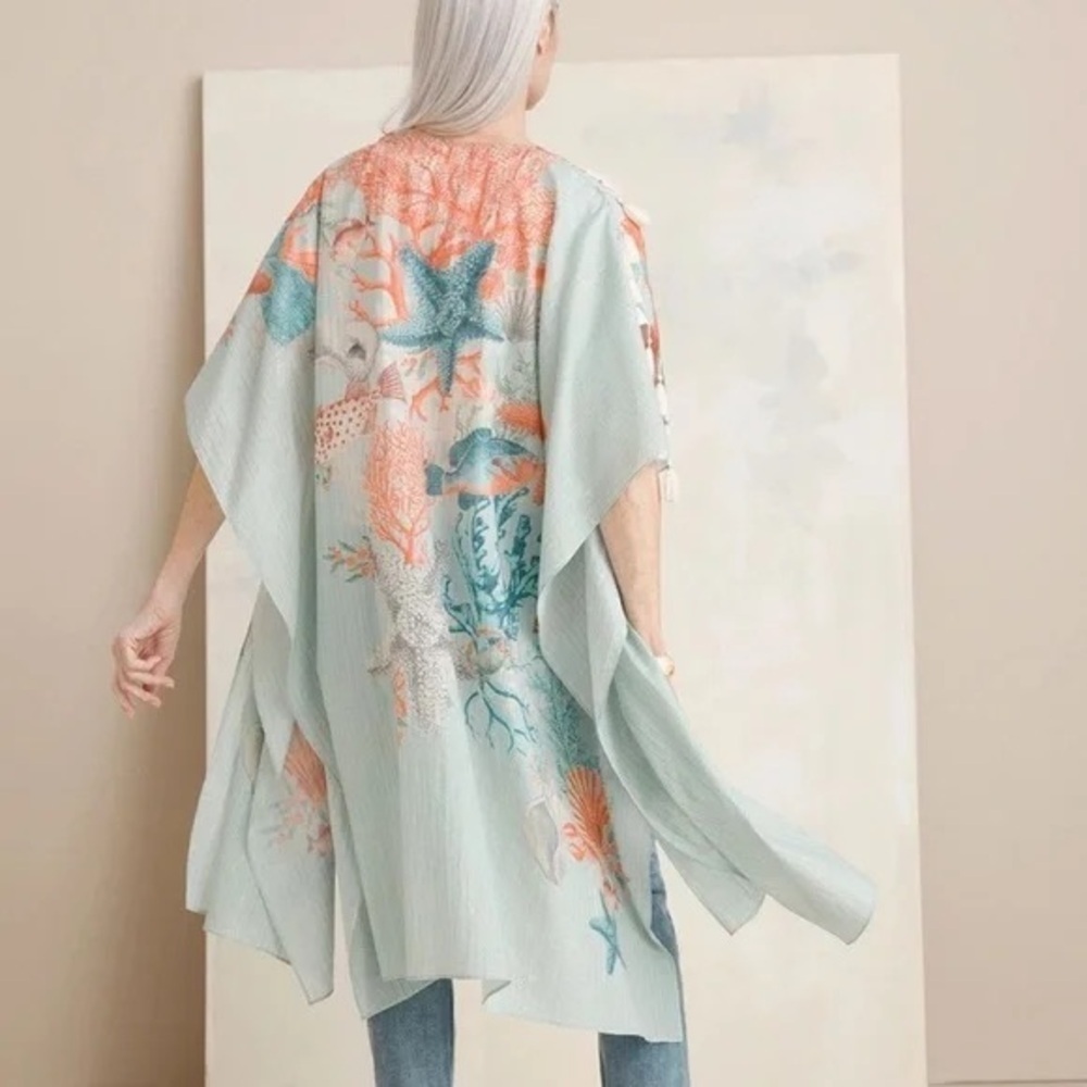 ARATTA SILENT JOURNEY Bohemian Blue Orange Kimono Floral Print OS Coverup Swim